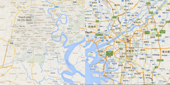 Sơ đồ kích thước tương đồng của thành phố HỒ Chí MINh và Osaka
